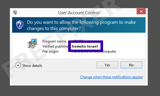 Screenshot where Somoto Israel appears as the verified publisher in the UAC dialog